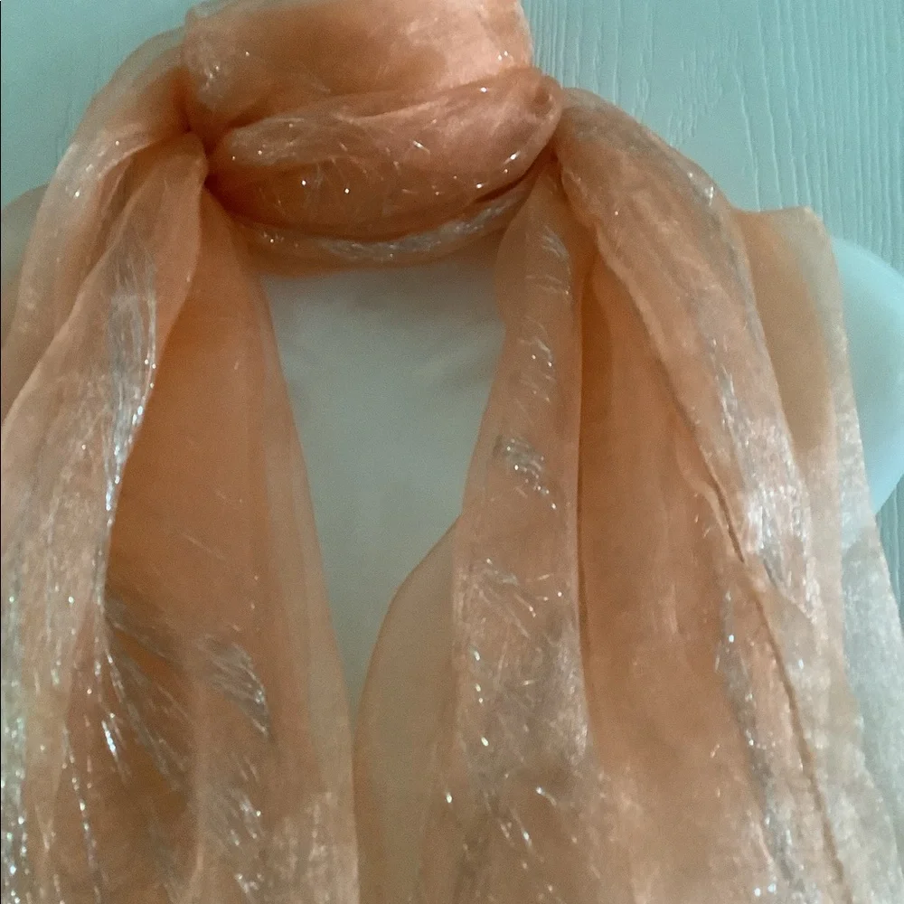 Scarf silk look silver sparkles versatile peach can be worn many ways. 72”x20”
